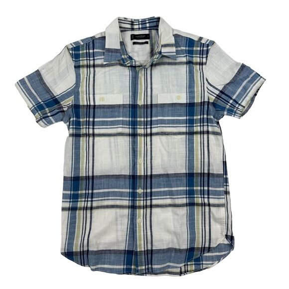 Lucky Brand Classic Fit Jaybird S/S Button Down Shirt Sz S White Blue Plaid L/S - Picture 1 of 7
